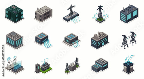 Set of isometric icons representing industrial buildings, power plants, and energy infrastructure in a modern city