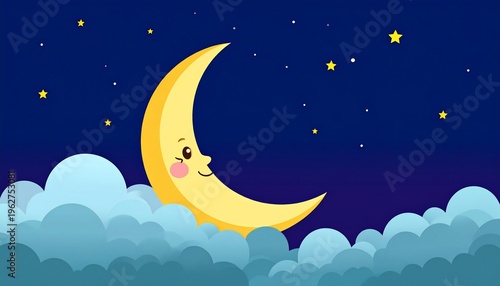 Smiling crescent moon in night.
