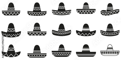 Mexican sombrero icon collection, traditional hat designs, cultural symbol patterns, decorative brim variations, festive heritage concept, flat vector illustration