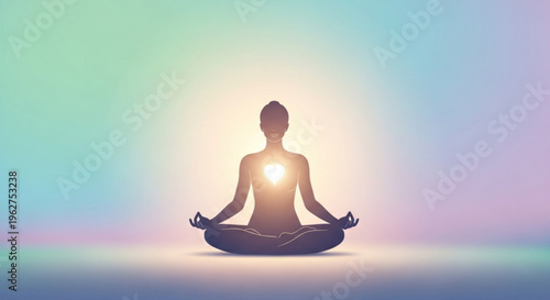 Serene silhouette of a meditating person with a glowing aura in a peaceful pastel colored background symbolizing relaxation mindfulness and inner calmness