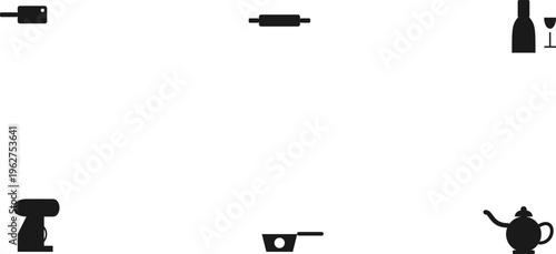 Set of black kitchenware and cooking utensil silhouette icons on a white background