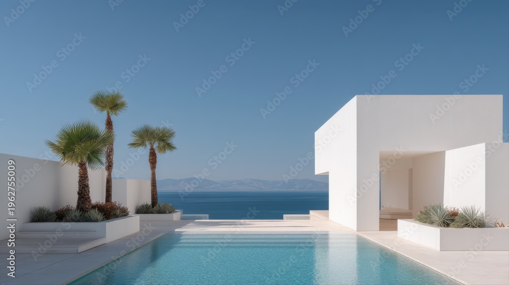 Fototapeta premium Luxury Villa with Infinity Pool Overlooking Ocean: Modern Architecture, Minimalist Design, Tranquil Vacation