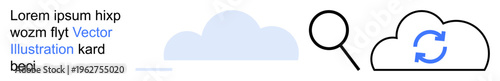 Data storage, cloud computing, file synchronization, search, digital management, tech services. Cloud with sync icon and magnifying glass. Cloud computing and file synchronization concept