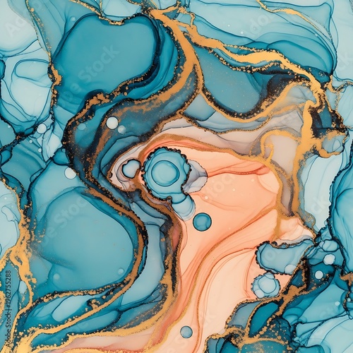 Fluid Art - Turquoise, Gold, and Peach Abstract Ink Painting.