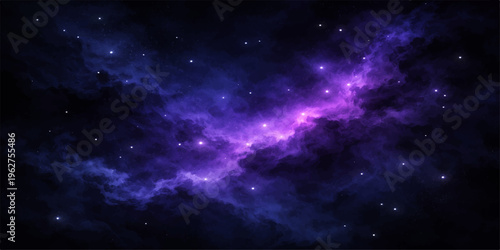 A deep space nebula glows with bright blue light across a dark starry universe filled with abstract cosmic clouds and distant galaxy clusters in this outer science illustration