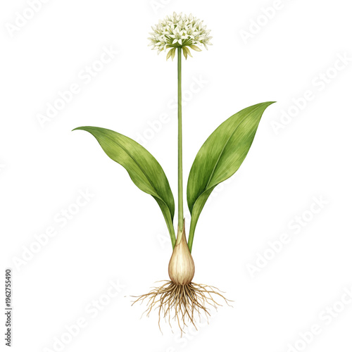 Watercolor wild garlic botanical illustration, flowering allium plant with bulb and roots isolated on white background.