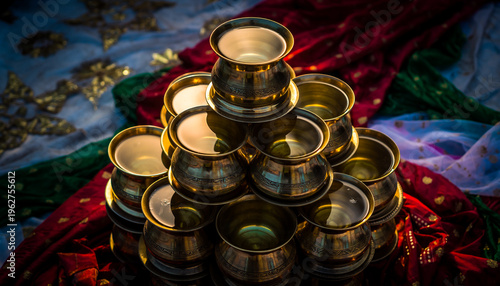 High-Resolution Photography of Elegant Stacked Traditional Indian Brass Ghagars