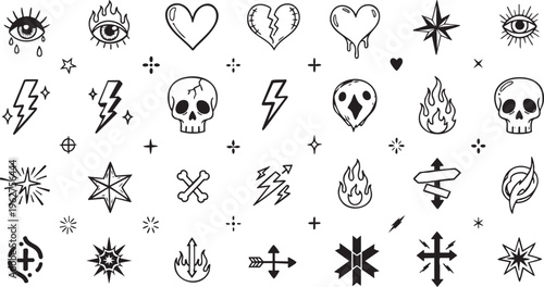 Hand Drawn Punk Rock Doodle Icon Set with Skulls Hearts Lightning Bolts and Edgy Flash Symbols