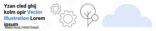Technology, innovation, environment, cloud computing, industry, growth. Simple line art gear, tree and cloud. Technology and innovation with environment congruity concept