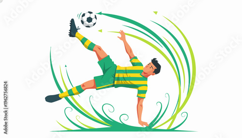 Soccer player performing a bicycle kick with a soccer ball.