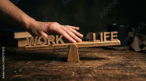 A hand balances the wooden words WORK and LIFE on a rustic scale on a dark wooden table with soft lighting representing the concept of equilibrium