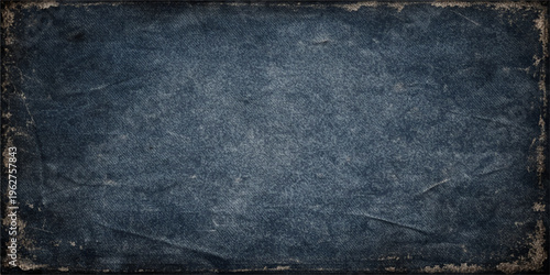 A vintage blue denim fabric texture provides a dark grunge backdrop with a rough material surface and old cotton textile pattern for a classic wallpaper design