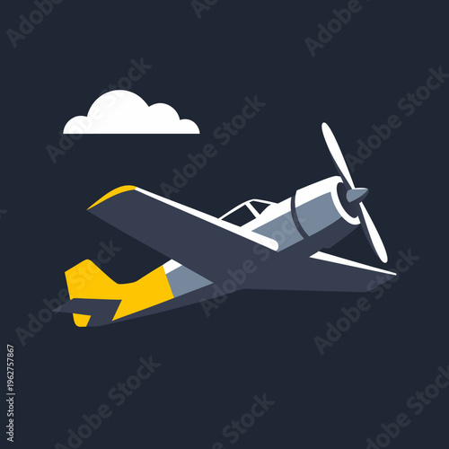 Retro style monoplane aircraft in flight on a dark navy blue background for aviation and travel themes