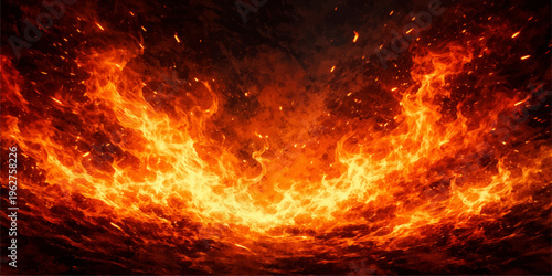 Fiery orange flames blaze and burn with intense heat and power, creating a glowing inferno texture of light and smoke against a dark black background
