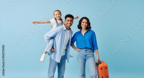 Joyful multiethnic family ready for vacation trip together isolated on studio blue background for tourism and travel promotions use