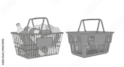 Two shopping baskets one filled with groceries the other empty.