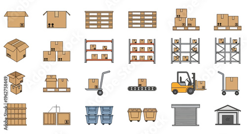 Warehouse storage and logistics equipment icons collection.