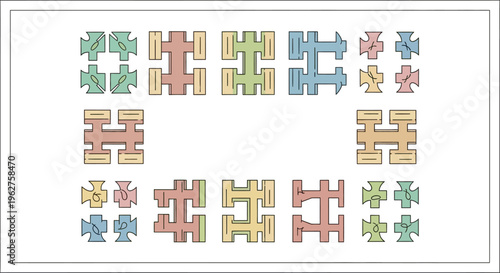 Colorful geometric shapes puzzle pieces.