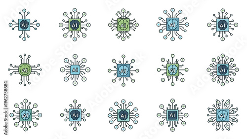 Set of stylized computer chip icons with circuit board elements.