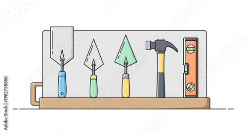 Colorful illustration of tools on shelf.