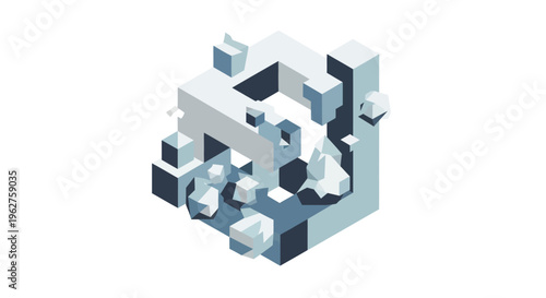 Abstract 3D Cube Structure Breaking Apart, Geometric Deconstruction