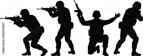 military soldiers silhouette set, armed forces team, tactical combat poses, army operation, war action, defense security, rifle shooting, battle concept