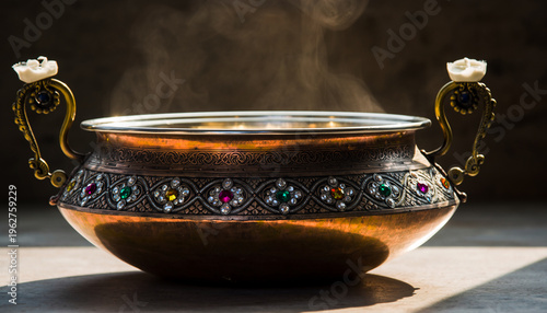 Detailed 4K Heritage Shot of Antique Jewelled Brass Pot in Soft Candlelight
