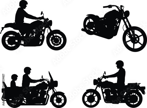 Motorcycle silhouettes set, biker riding chopper and cruiser bikes, transport concept, road travel, adventure lifestyle, black isolated illustration design