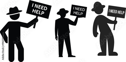 People holding I need help signs silhouettes, social support and protest concept, isolated black vector illustration on white background