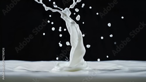 A dynamic splash of white liquid frozen mid-air against a black backdrop