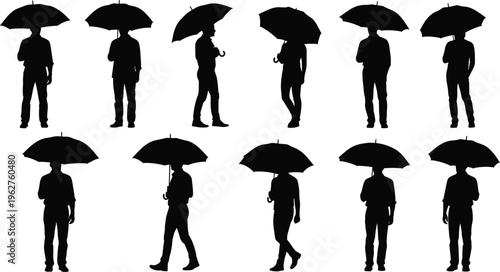 people with umbrellas silhouettes collection isolated on white background, walking standing rainy weather protection concept vector illustration set