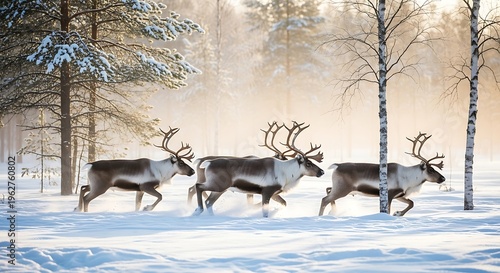 Reindeer in a snowy winter forest landscape, Lapland Finland.