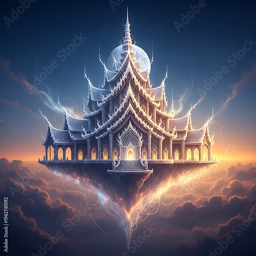 Majestic Floating Temple in Clouds at Sunset, Fantasy Architecture.