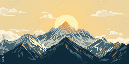 A breathtaking winter panorama of the snow-capped Alps at sunset featuring a glowing sky over high mountain peaks and a peaceful valley view during a cold sunrise