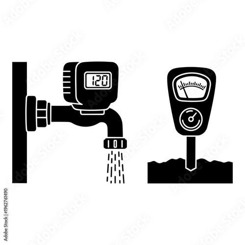 Water, meter, icon set, vector, black, digital, measurement, water meter, utility