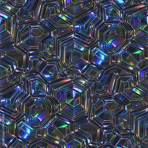 Iridescent Holographic Metallic Geometric Crystal Seamless Pattern Background.