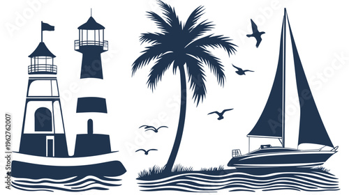 A silhouette illustration showcasing a serene coastal scene with a sailboat, lighthouses, palm tree, and birds