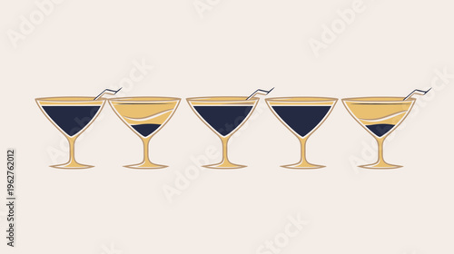Stylized illustration of five martini glasses, with varying fill levels and straws