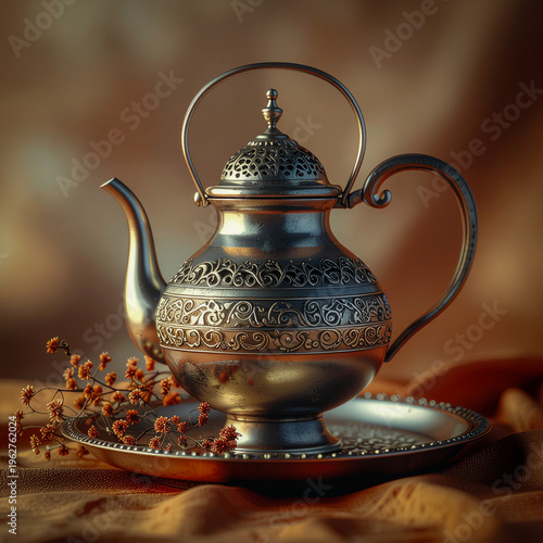 High-Resolution Photography of a Turkish Copper Teapot and Filigree Serving Tray