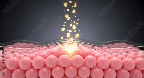 A detailed microscopic view showing pink skin cells with glowing serum droplets falling and being absorbed into the surface representing advanced cosmetic science and hydration therapy 