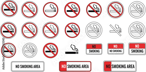 Collection of various no smoking signs and symbols depicting regulations against tobacco use high quality professional
