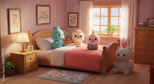 Whimsical Gathering of Adorable Plush Creatures in a Sunny and Cozy Child's Dream Bedroom Interior