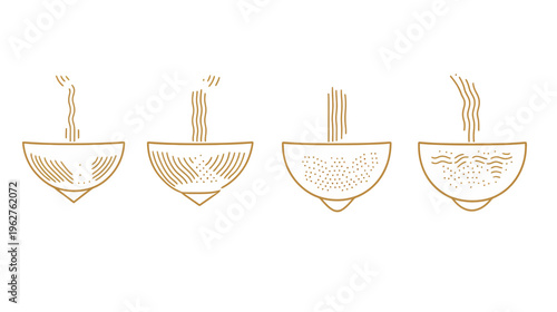 Four stylized bowls in a row, with steam rising, featuring varying interior textures