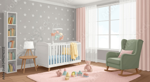 Nursery room with crib, rocking chair, and bookshelf