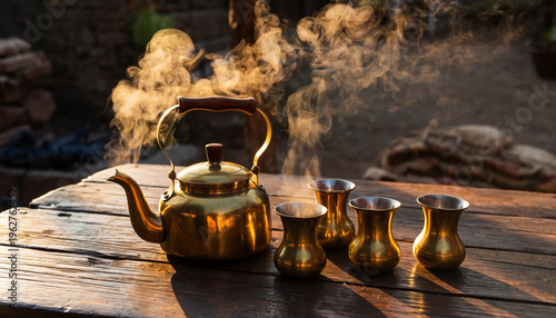 High-Resolution Nostalgic Photography of Vintage Indian Brass Chai Kettle and Cups
