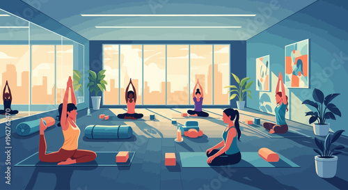 Diverse group practicing mindful yoga poses in a modern city studio at sunset for wellness and inner peace