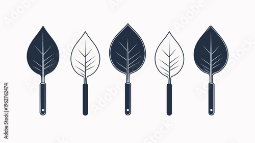 A row of five stylized leaf shapes with handles in alternating dark and light colors