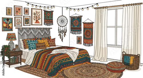 Bohemian Bedroom Decor with Colorful Textiles and Dream Catchers