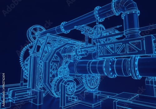 Detailed blueprint wireframe of a complex industrial steampunk engine with gears and pipes in blue neon