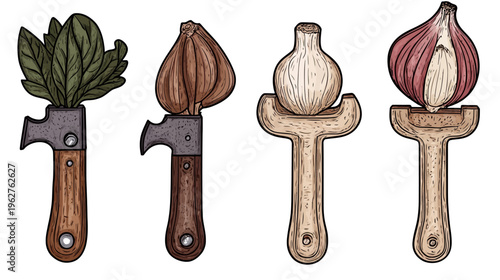 Hand-drawn illustrations of culinary tools, including a can opener, garlic holder, and plant-holding tools